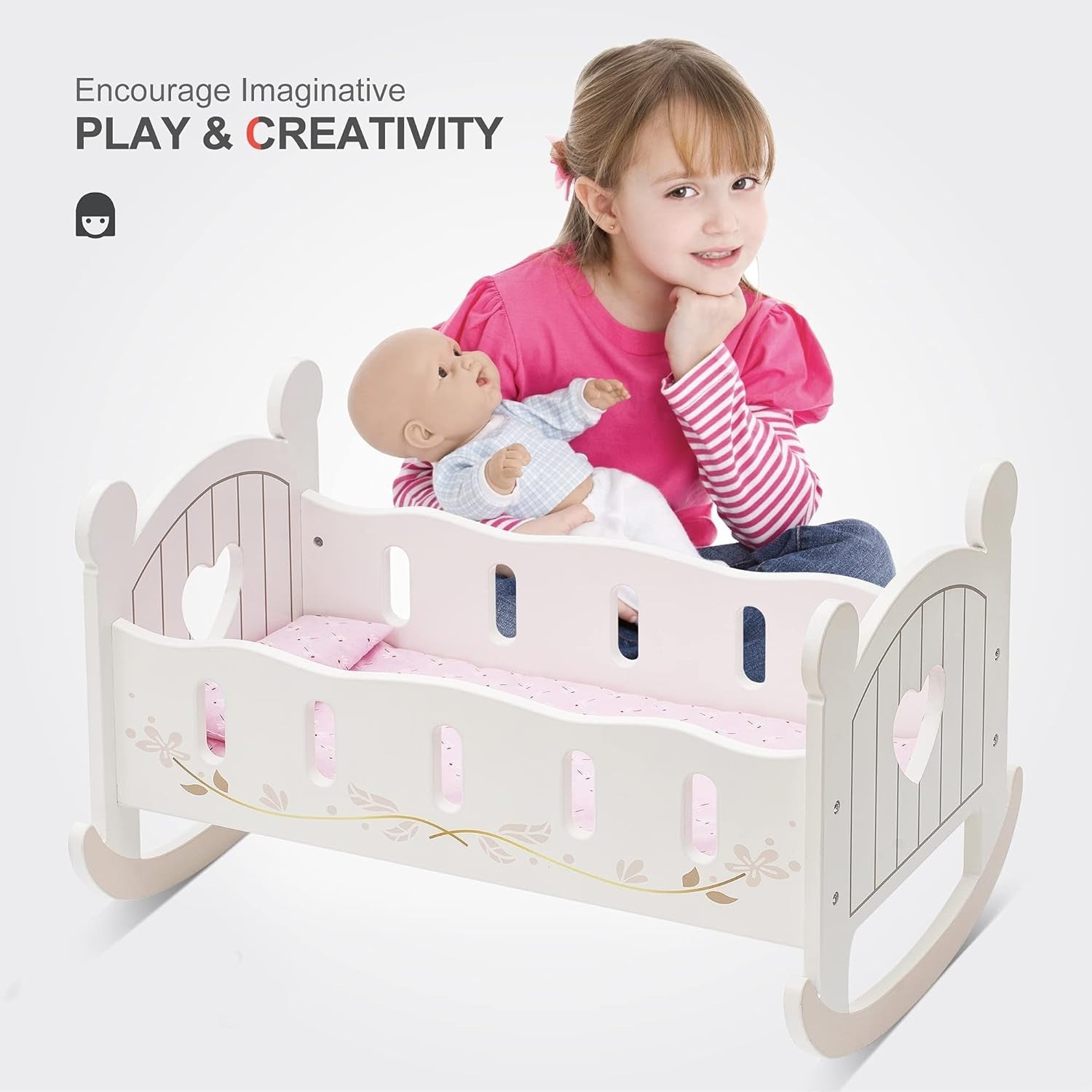 Wooden Doll Crib Bed with Bedding Rocking Cot Toy Furniture Gift for Kids