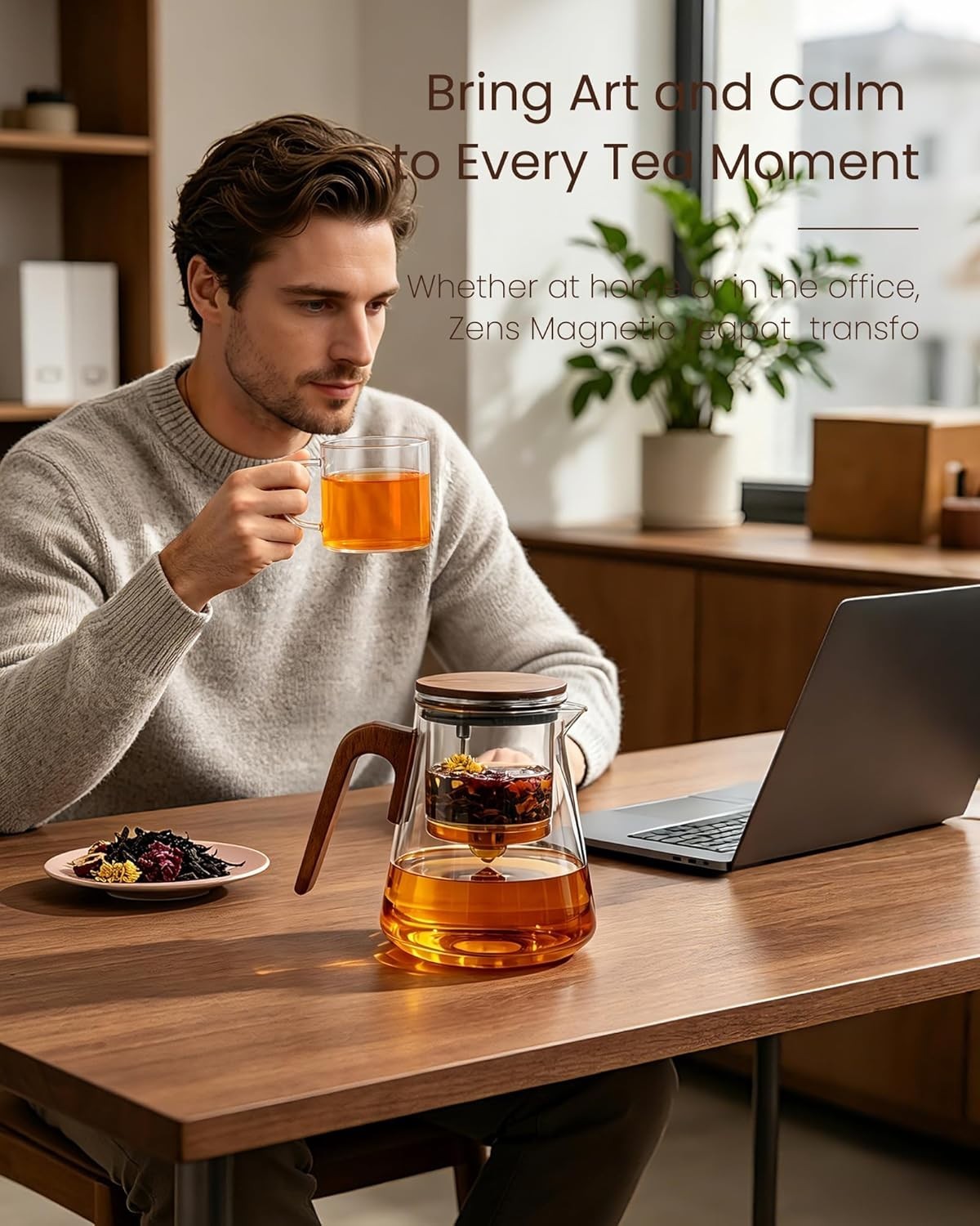 Magnetic Glass Teapot 800ml Tea Pot w Infuser Walnut Handle Lid