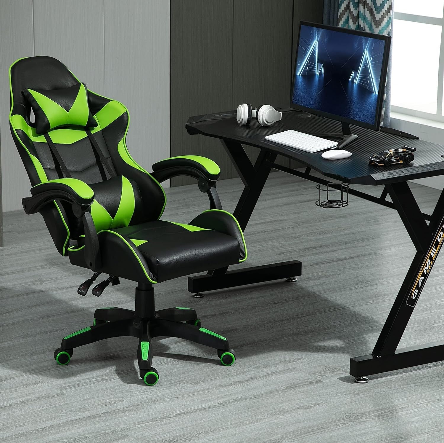 Reclining Gaming Chair Faux Leather w/ Lumbar Headrest Green