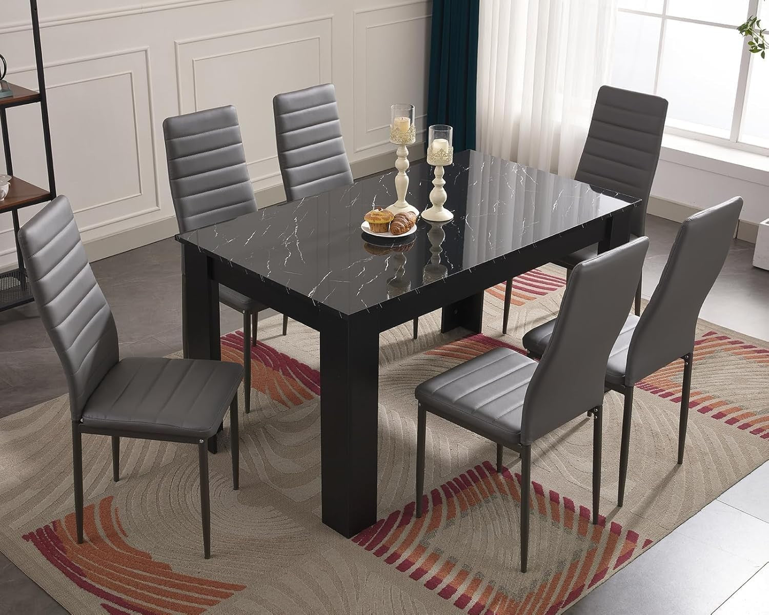 Modern Black Marble Dining Table Set 6 Chairs, 140x80cm, Durable & Stylish