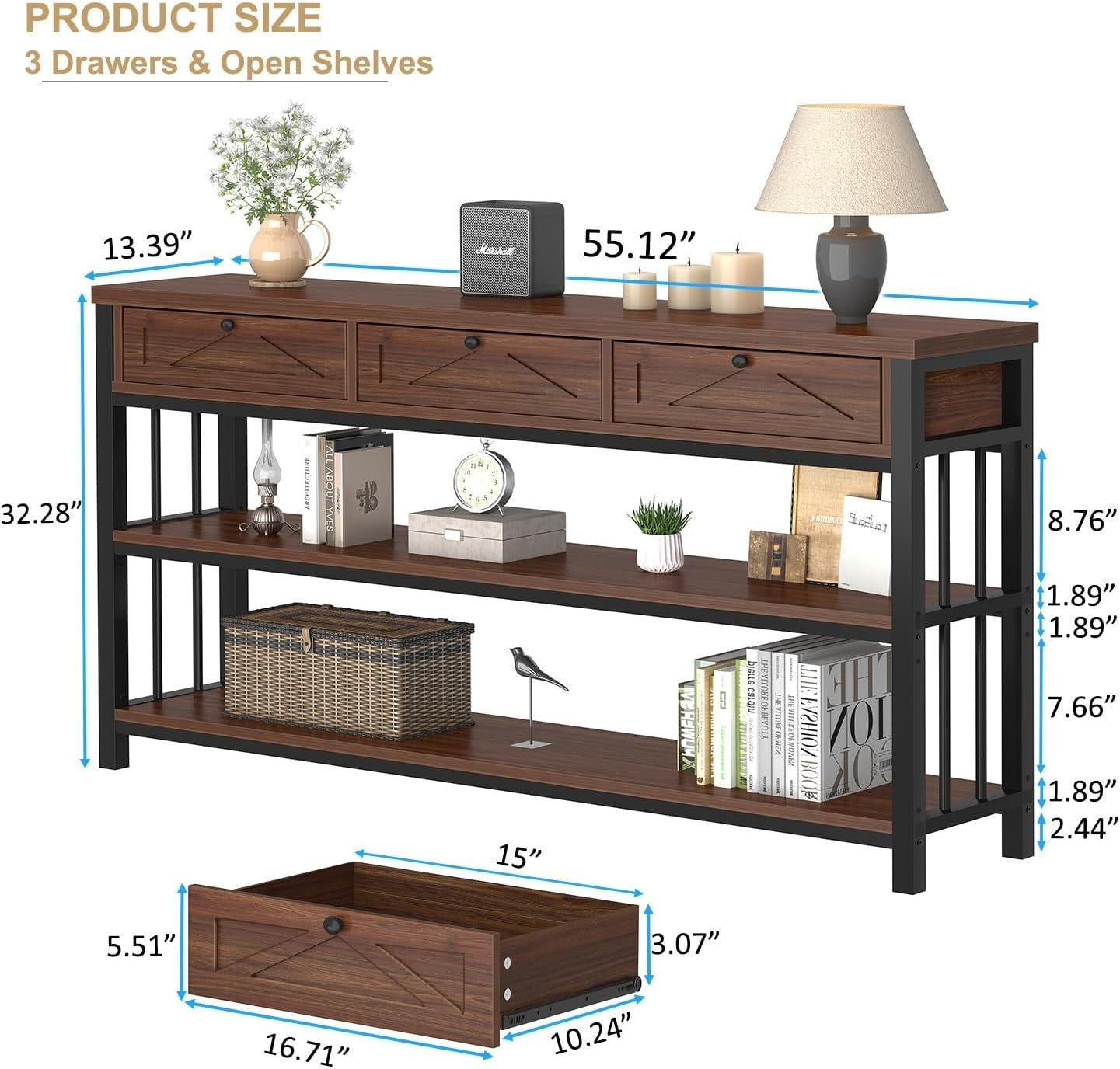 55" Rustic Walnut Sofa Table with Drawers & Shelves – Storage & Style