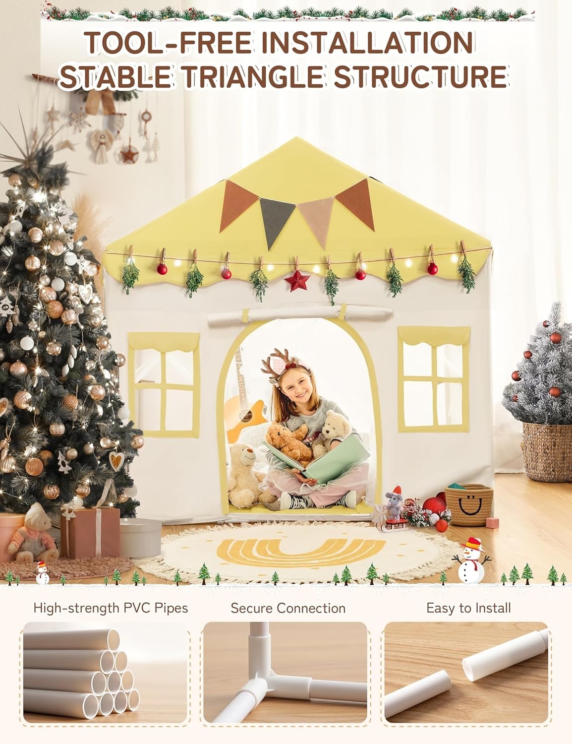Yellow Kids Castle Tent Bed Canopy with Lights & Mat Indoor Playhouse