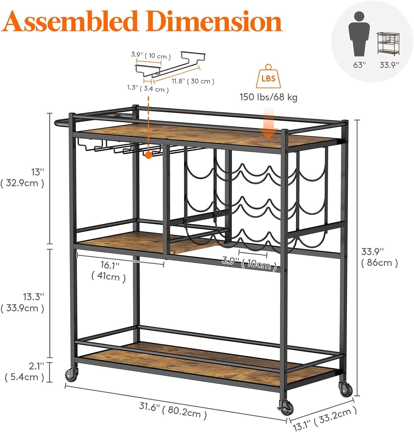 3 Tier Bar Cart Drinks Trolley with Wine Rack & Glass Holder Rustic Serving Unit