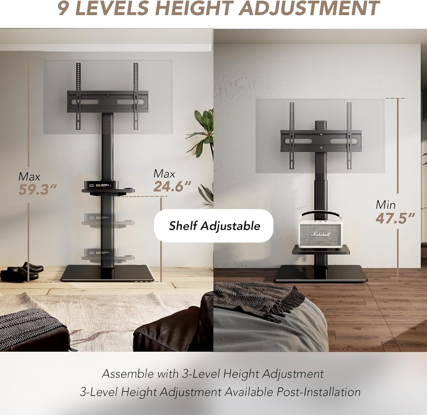 Height Adjustable Floor TV Stand 27–65" with Shelf & 70° Swivel Mount - Black