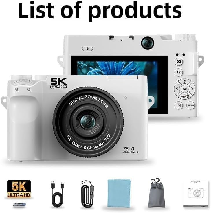 5K Digital Camera 75MP Vlogging Camera 3” Screen 32GB White