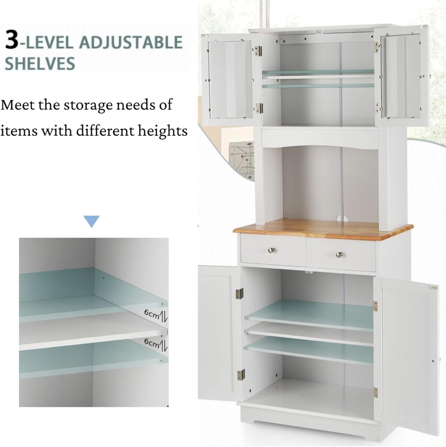 White 170cm Tall Kitchen Cupboard 4-Door 4-Drawer Adjustable Shelves