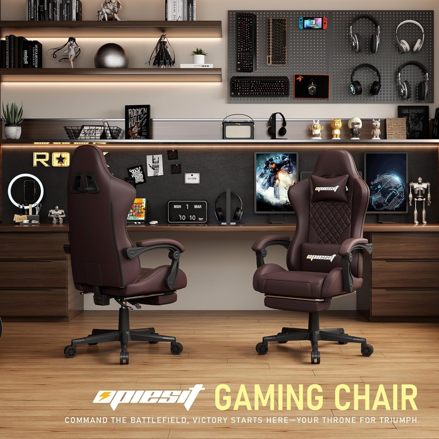 Ergonomic Gaming Chair with Footrest Reclining Brown Swivel