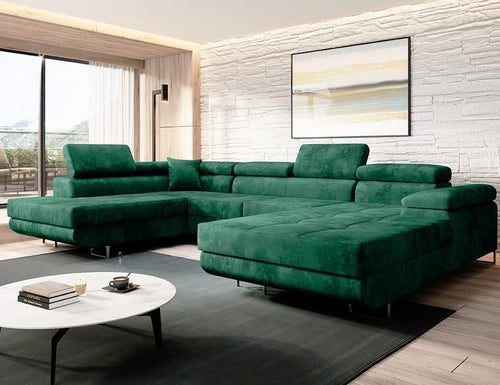 U-Shaped Sofa Bed w/ Storage, Headrests, Water-Resistant Velour, 345cm