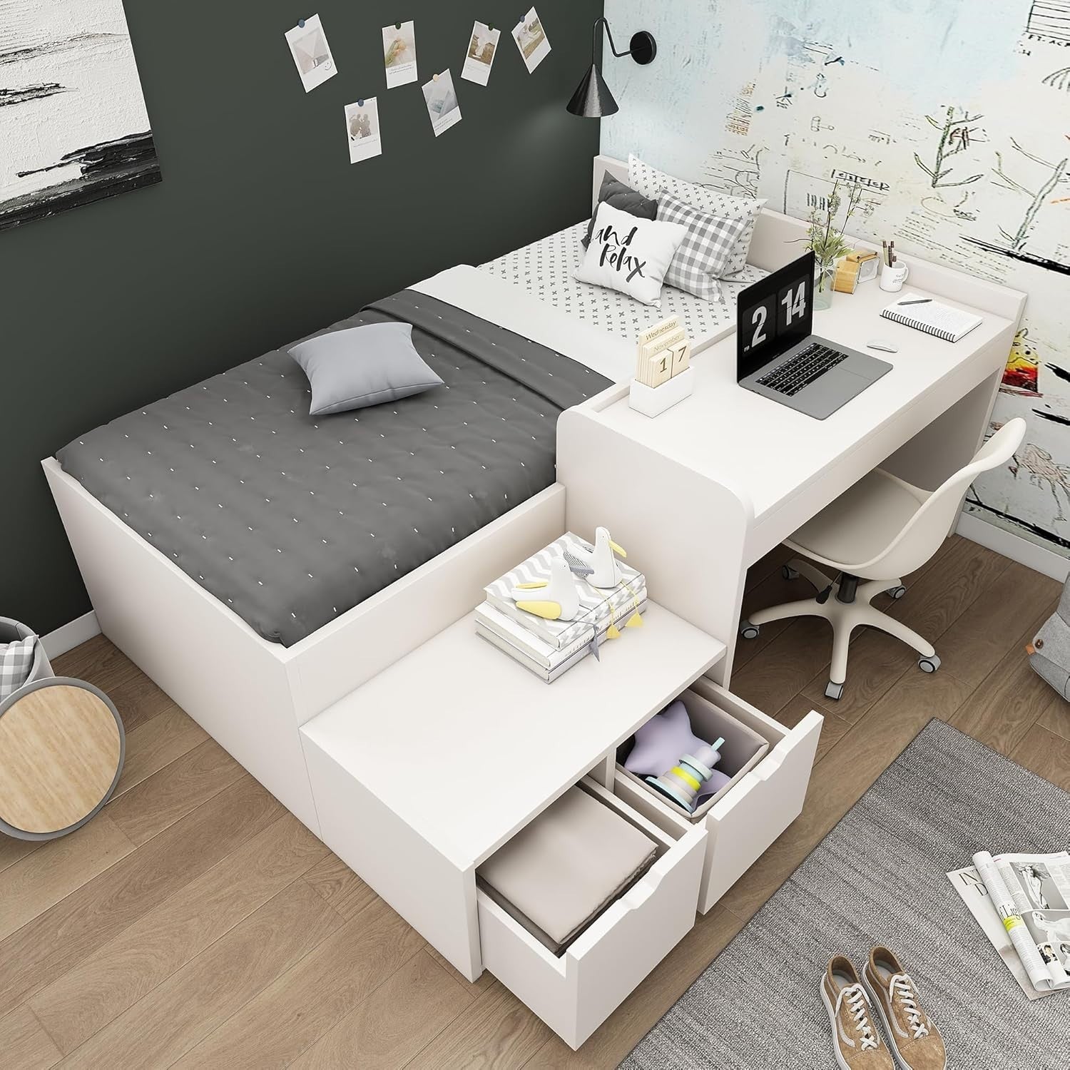Kids Bed with Desk Storage Drawers White 3-in-1 Single Space Saver