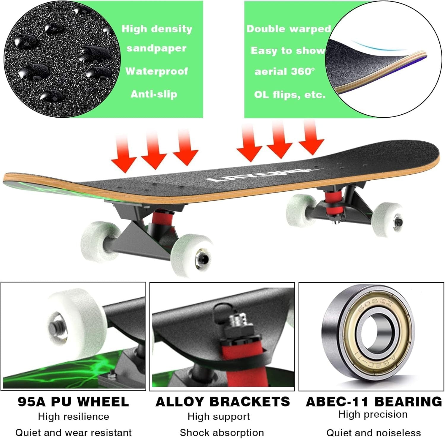 31" Green Skateboard for Adults & Teens | 7-Layer Maple Deck | ABEC-11 Bearings