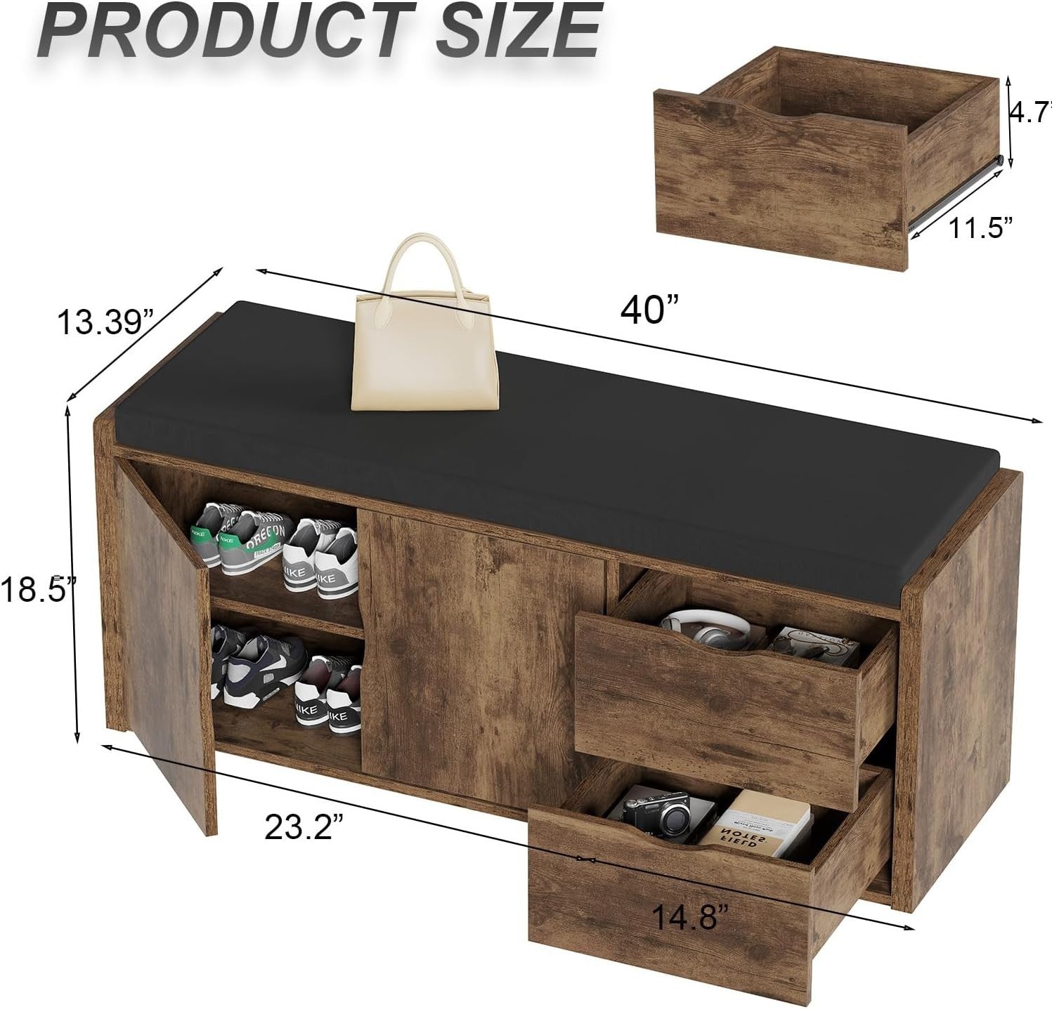 Rustic Brown Shoe Bench with Drawers & Cushion Industrial Storage 101x34x45cm