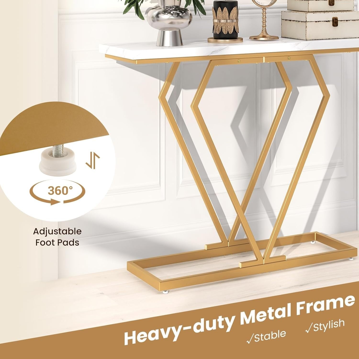 Narrow Console Table 100cm Marble Top with Gold Geometric Frame - Slim