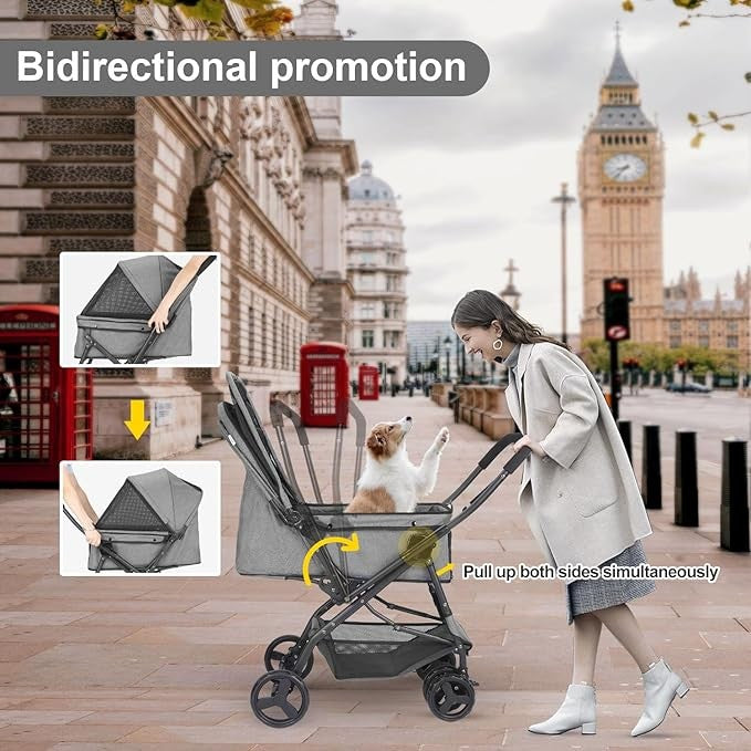 Dark Grey Pet Stroller Foldable Dog Cat Pram 33lb Capacity Travel Pushchair