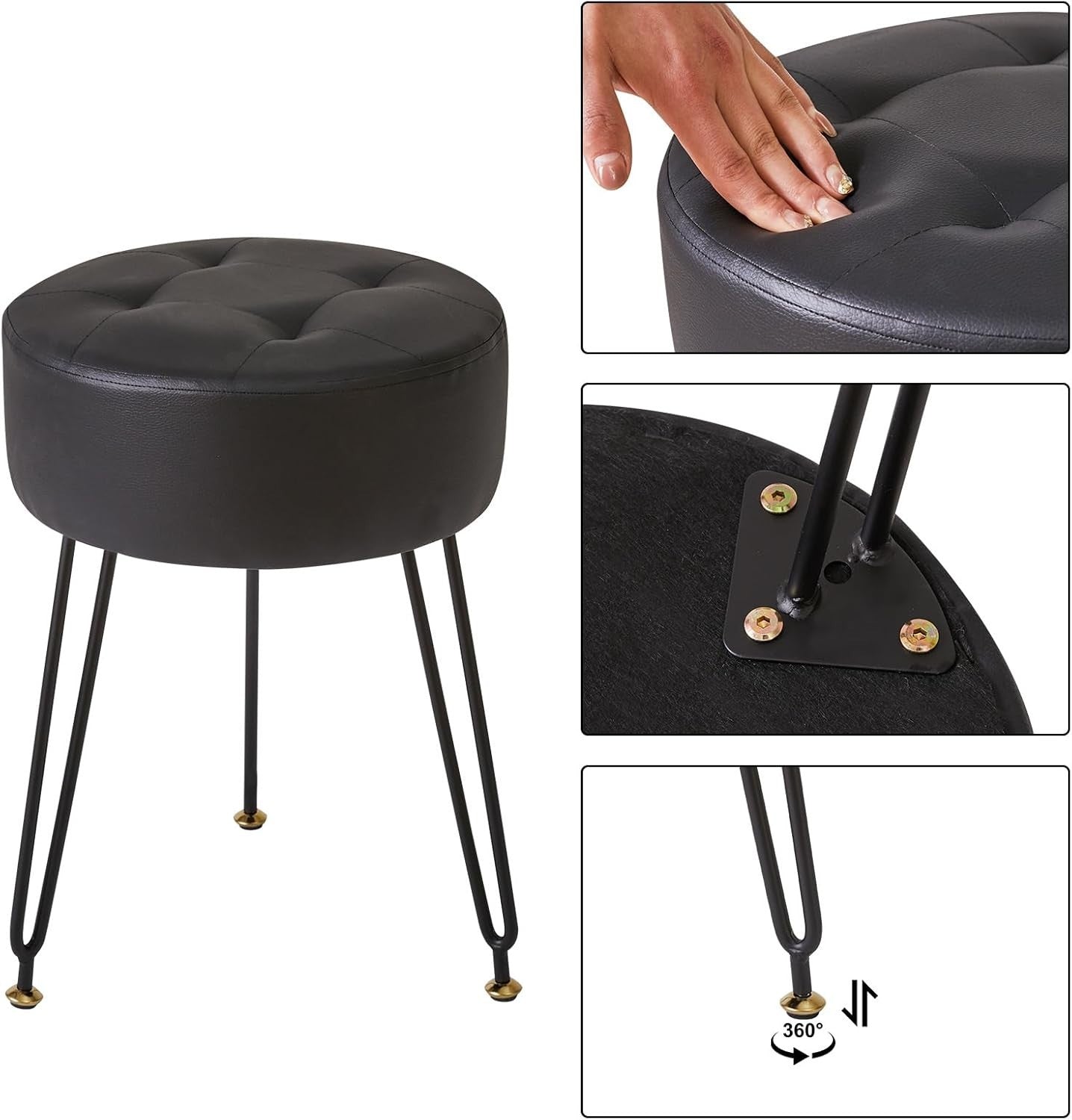 Black PU Round Footrest Stool – Velvet-Soft Vanity Seat with Gold Legs
