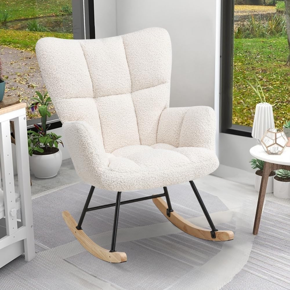 Ivory Rocking Chair Teddy Fabric Comfy Armchair for Nursery Lounge Relax