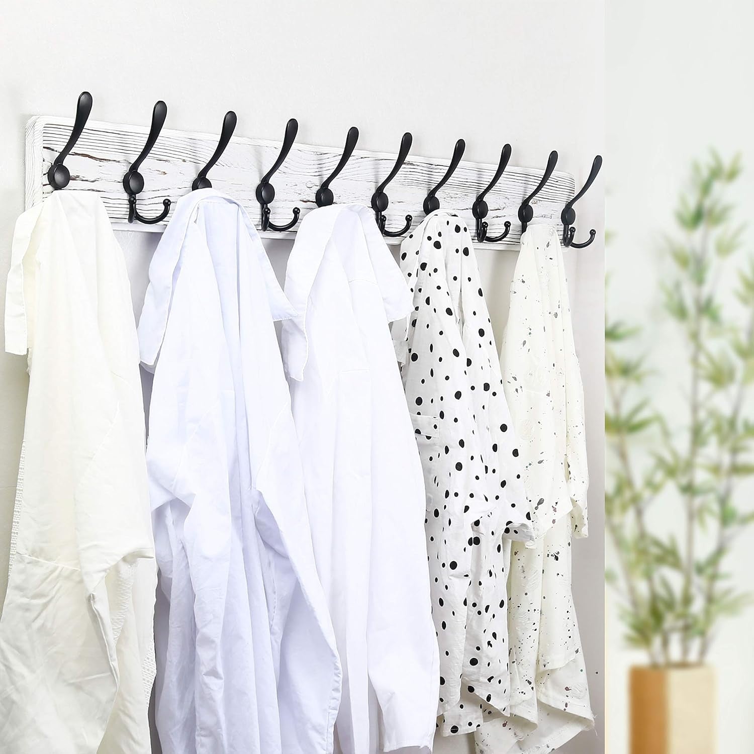 Wall Mounted Coat Rack 98cm | Rustic White Wood Hanger with 10 Hooks
