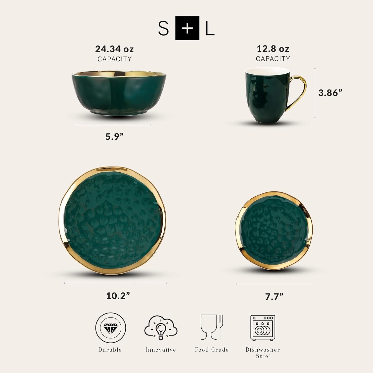Green Gold Rim Dinnerware Set 16 Piece Porcelain Plates Bowls Service for 4