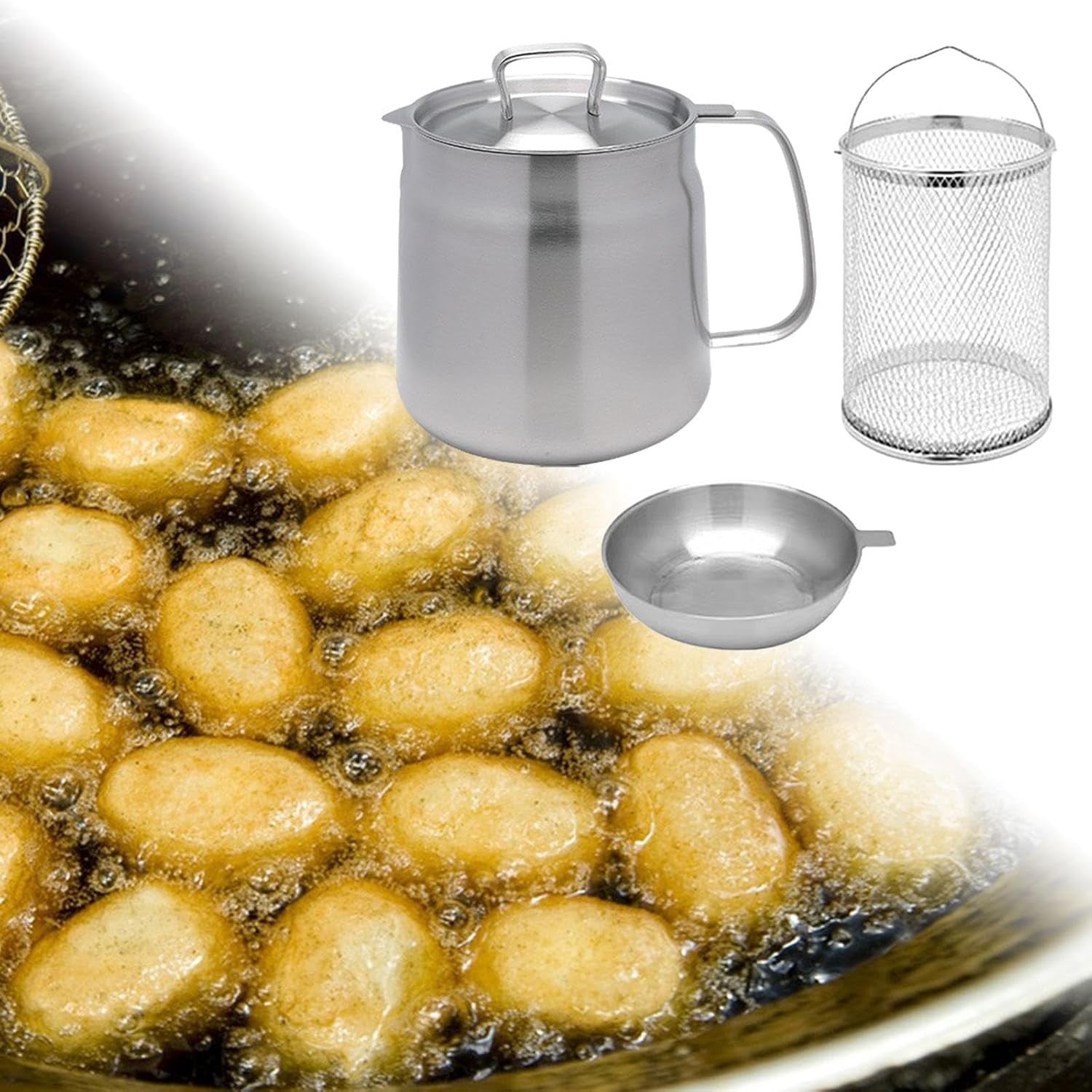 1.5L Stainless Steel Deep Fryer Pot Chip Pan Basket Lid Oil Strainer