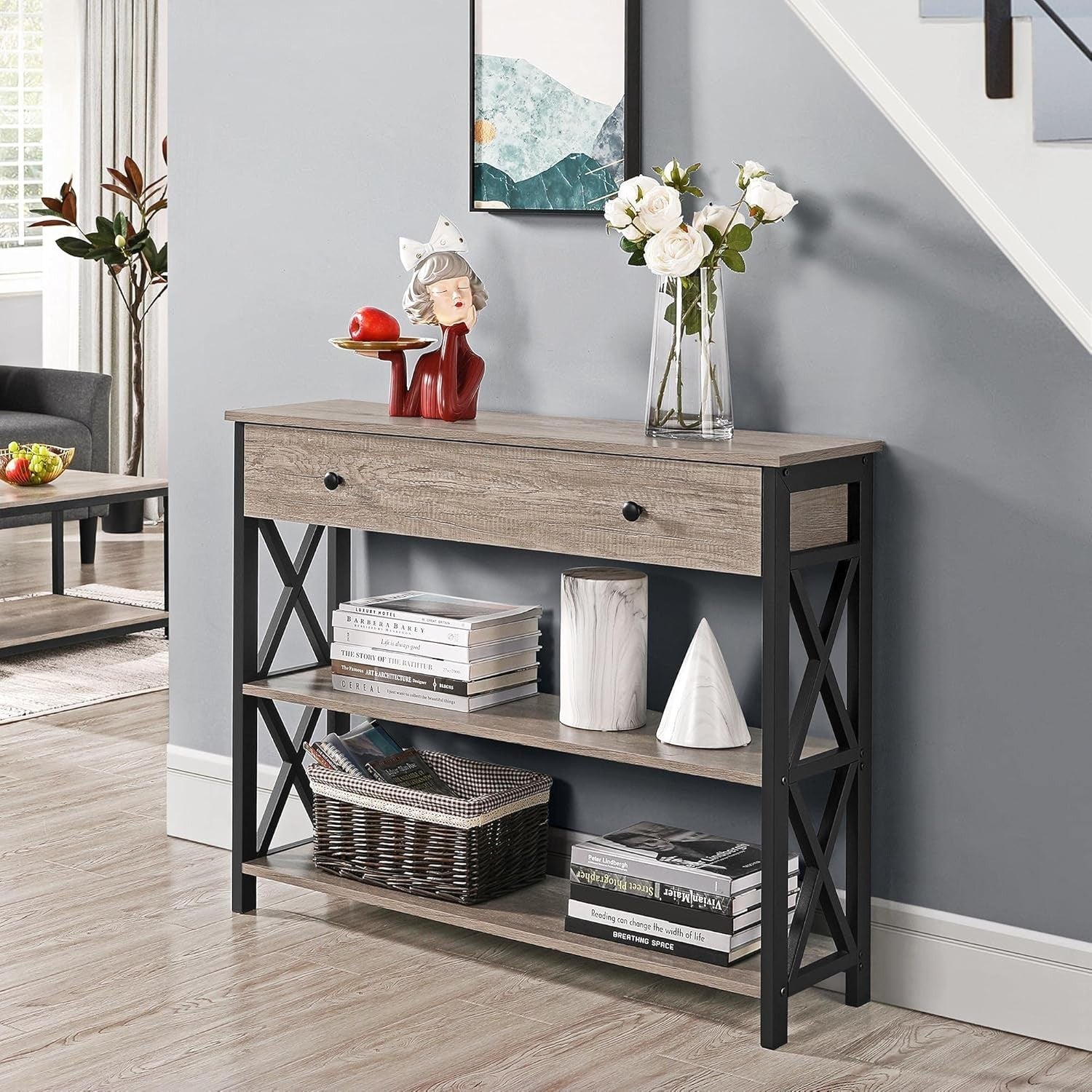 Rustic Grey Console Table with Drawer & 2 Shelves, 100x29.5x81cm, Durable