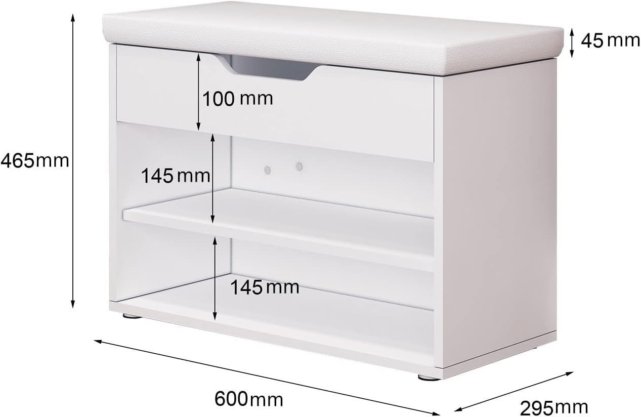 Modern White Shoe Storage Bench with Cushion, 2-Tier Rack & Hidden Compartment