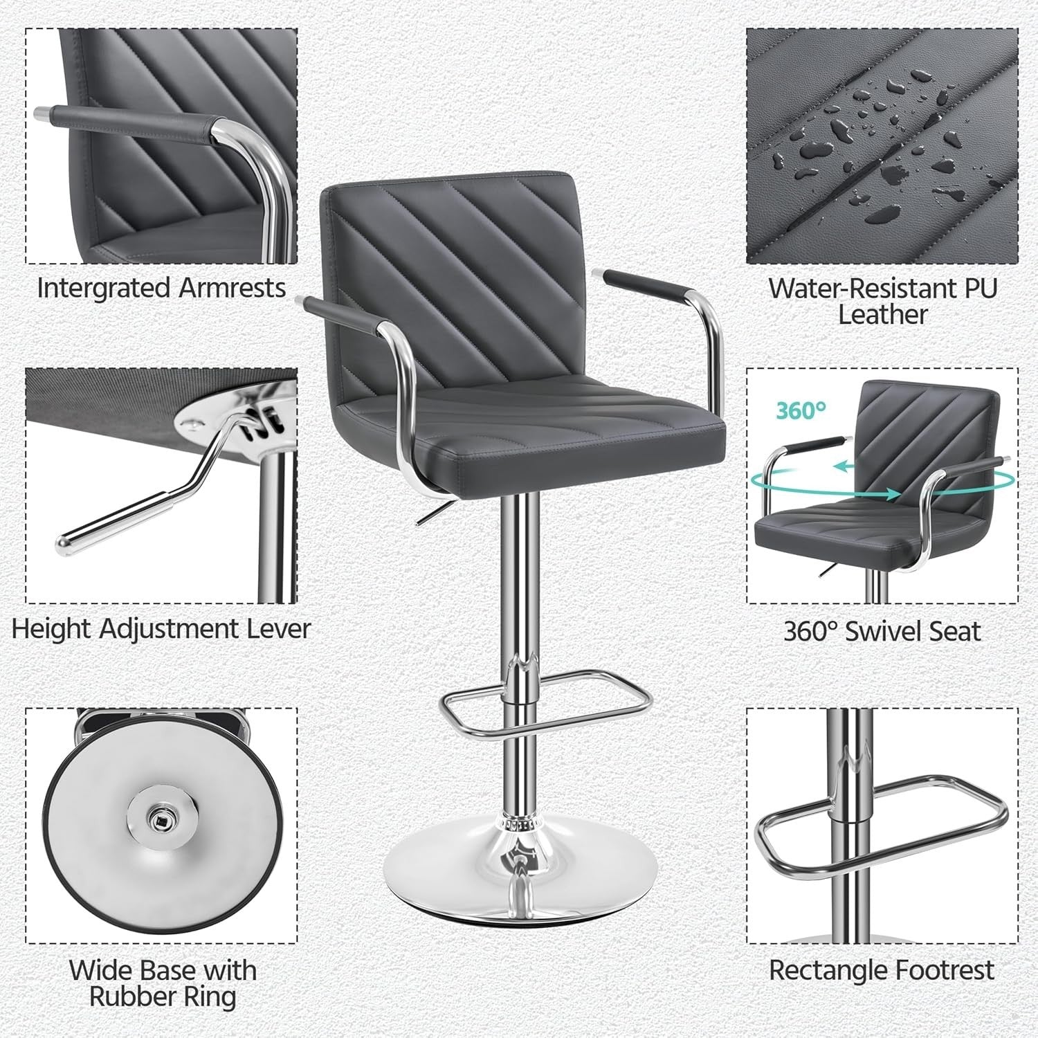 Dark Grey Adjustable Swivel Bar Stools Set of 2 Faux Leather Armchairs