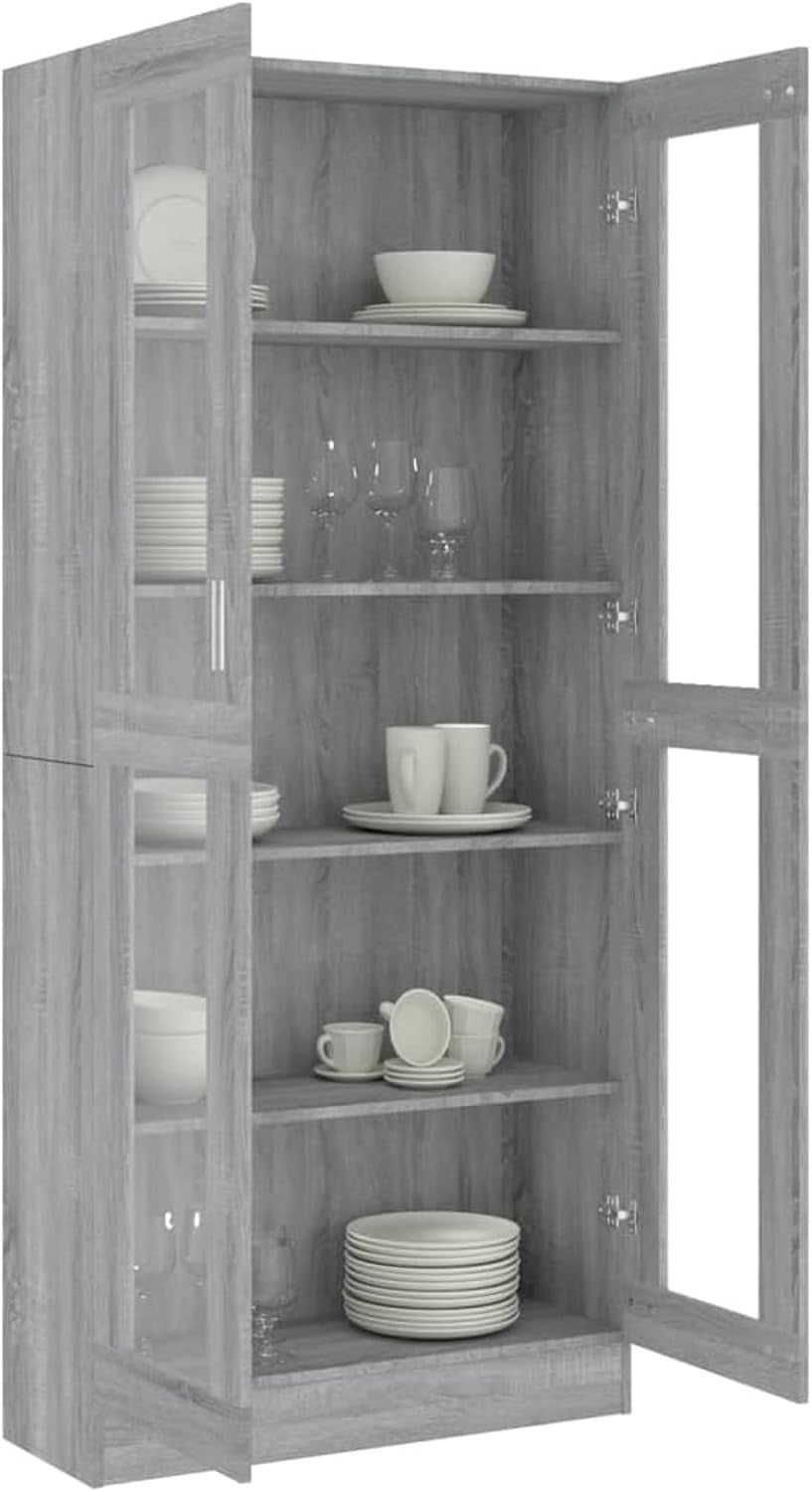 185cm Grey Book Vitrine Cabinet | Glass Doors & Storage Shelves