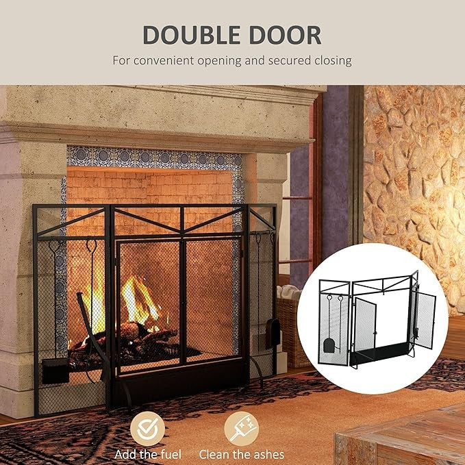 3 Panel Black Fire Guard Screen 122x77cm Folding Mesh Spark Protector with Tools