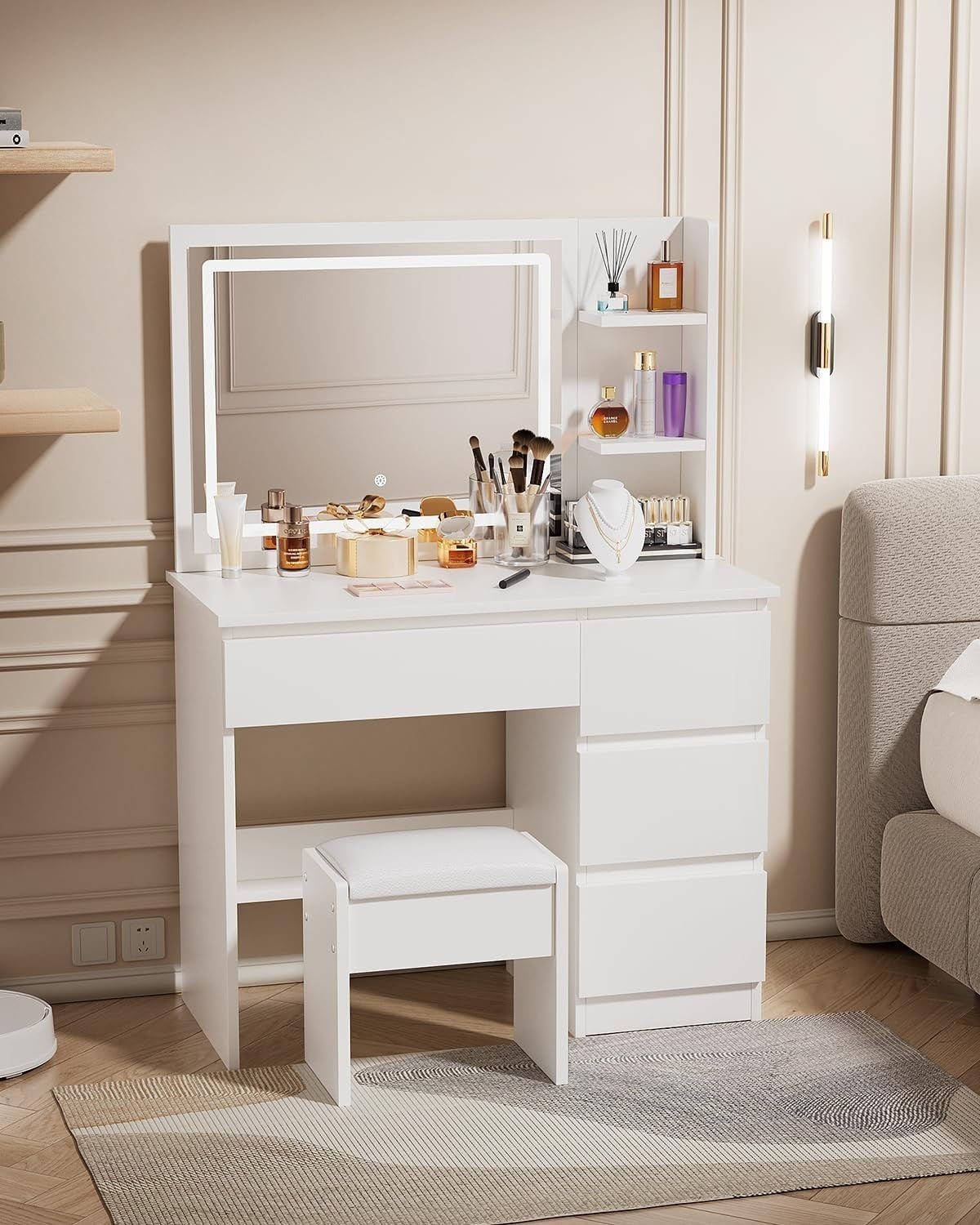 Vanity Table Set Makeup Dressing Desk Mirror Light Storage Drawers Stool White