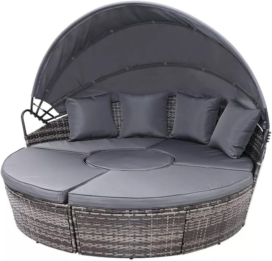 Outdoor Modular 5-Piece Rattan Day Bed Set with Retractable Canopy & Cushions