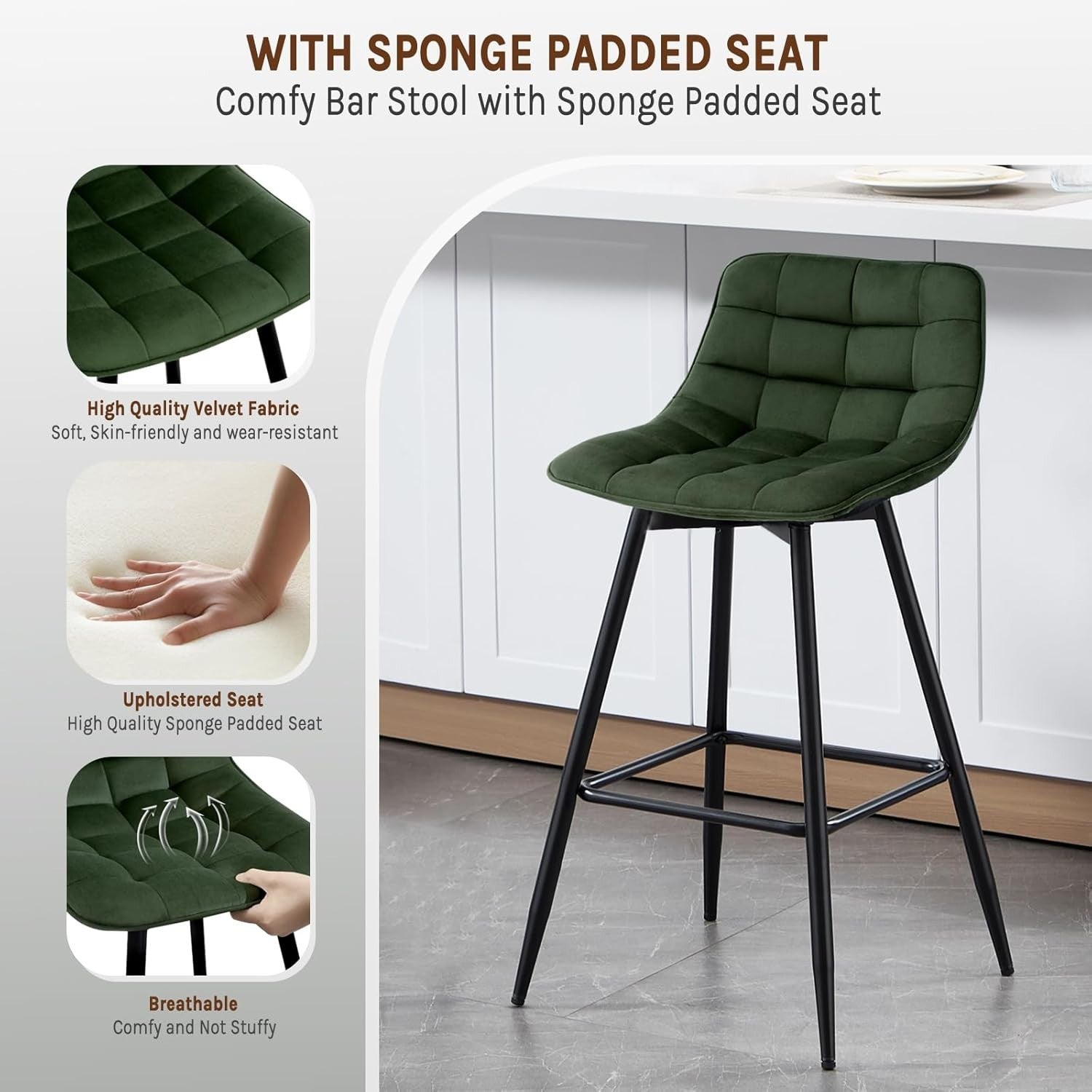 Dark Green Velvet Bar Stools Set of 2 – Ergonomic Kitchen & Counter Seats