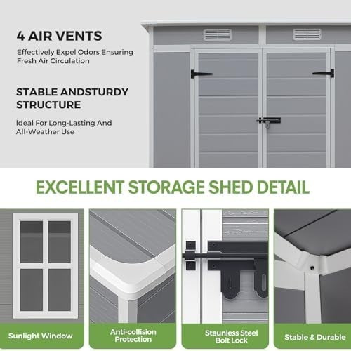 Plastic Garden Storage Shed 6x4ft Waterproof Outdoor Tool Shed with Floor Grey