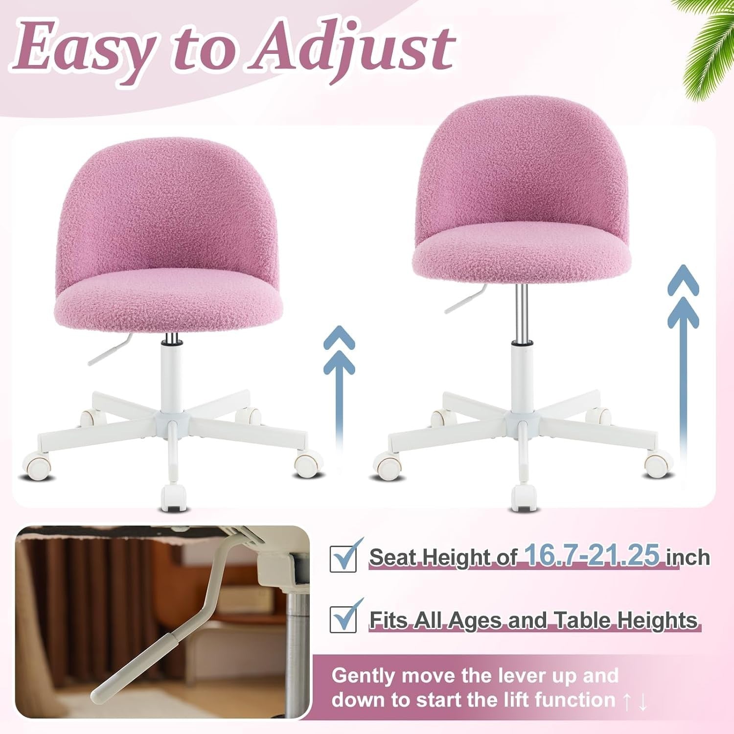 Lilac Purple Teddy Fleece Swivel Desk Chair Small Adjustable Vanity Seat