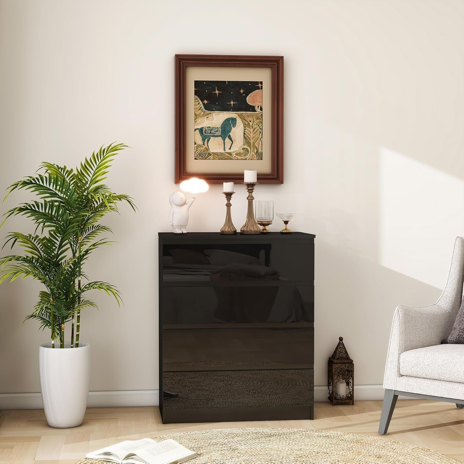 Black 4 Drawer High-Gloss Chest Modern Storage Cabinet Bedroom Organizer