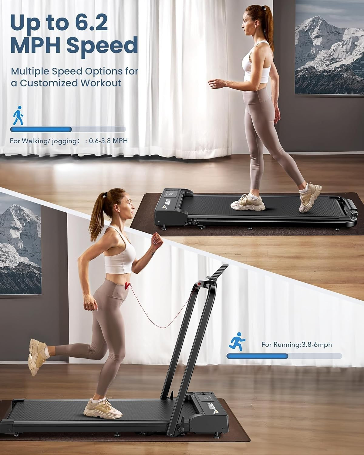 Foldable Treadmill 9% Incline, 2.5HP Smart Home Running Pad 1-12KM/H
