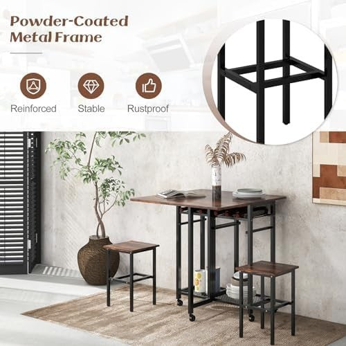 Foldable Drop Leaf Dining Table Set with Storage Shelves, Wine Rack & Stools