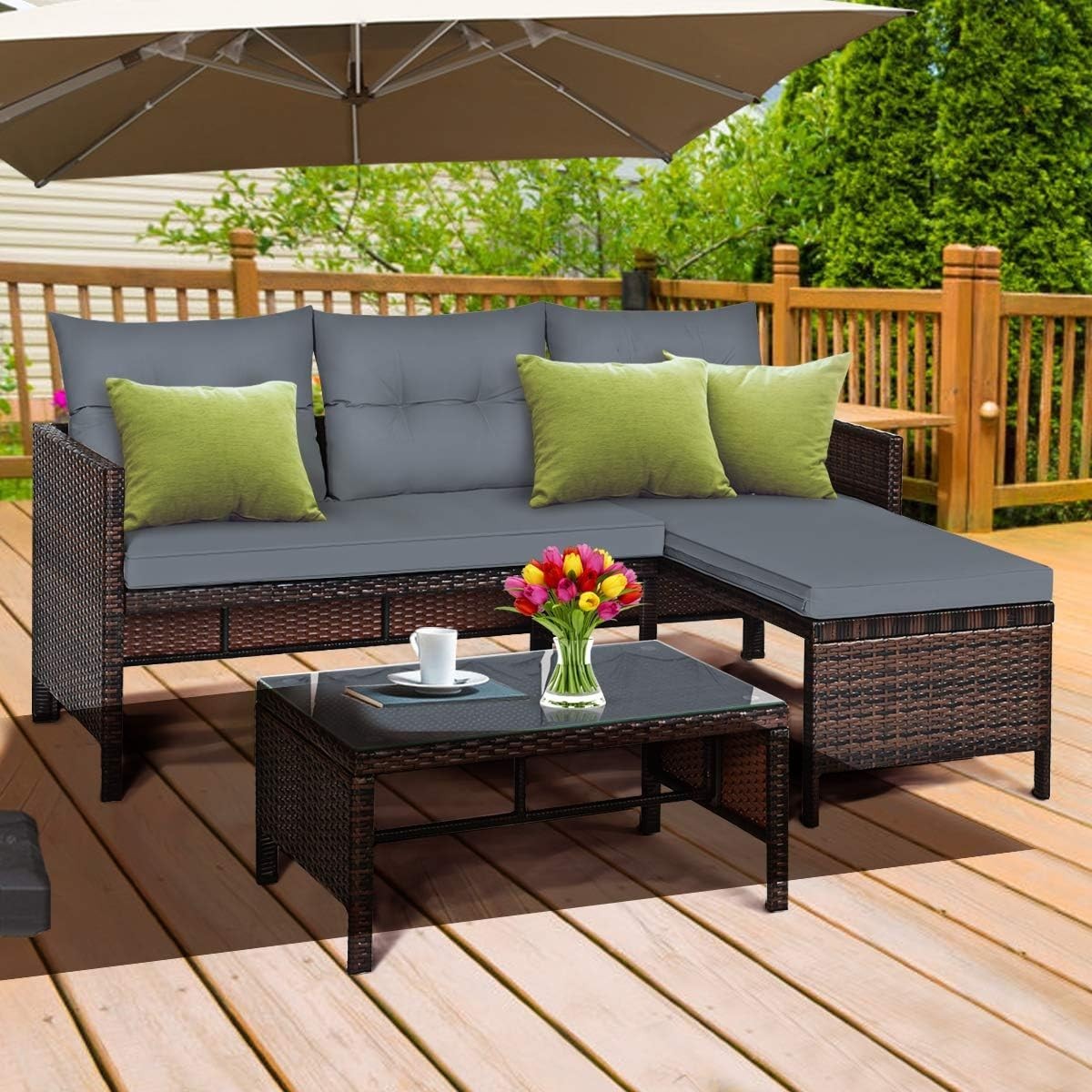 3PC Grey Rattan Garden Corner Sofa Set L-Shape Patio Lounge Glass Table