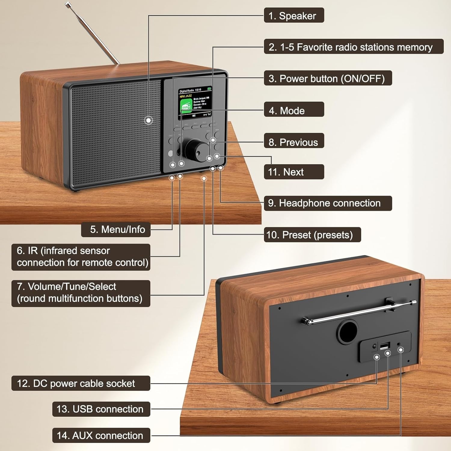 DAB DAB+ FM Digital Radio Bluetooth Alarm Remote 2.4” Display Wood