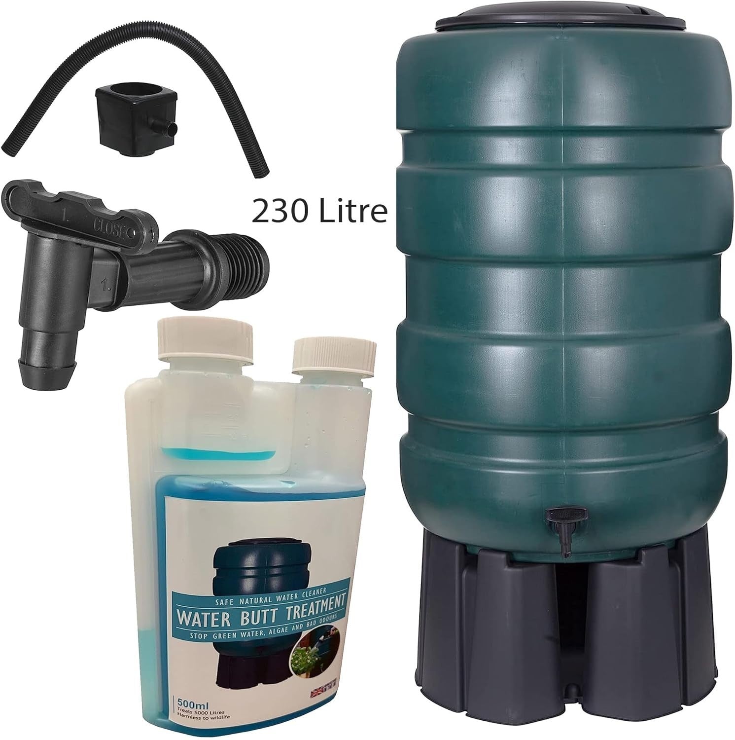 230L Water Butt with Tap, Diverter & Treatment Cleaner, Round, Garden Kit