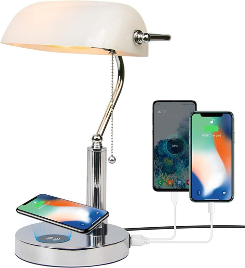 White Glass Desk Lamp with Wireless Charger & USB Port, Study Room Light