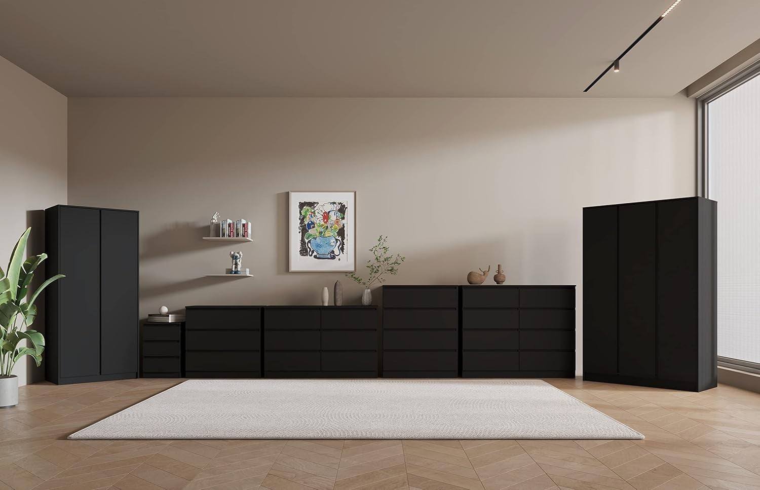 Black 3 Door Wardrobe with Drawers & Rail – Modern Bedroom Storage Unit