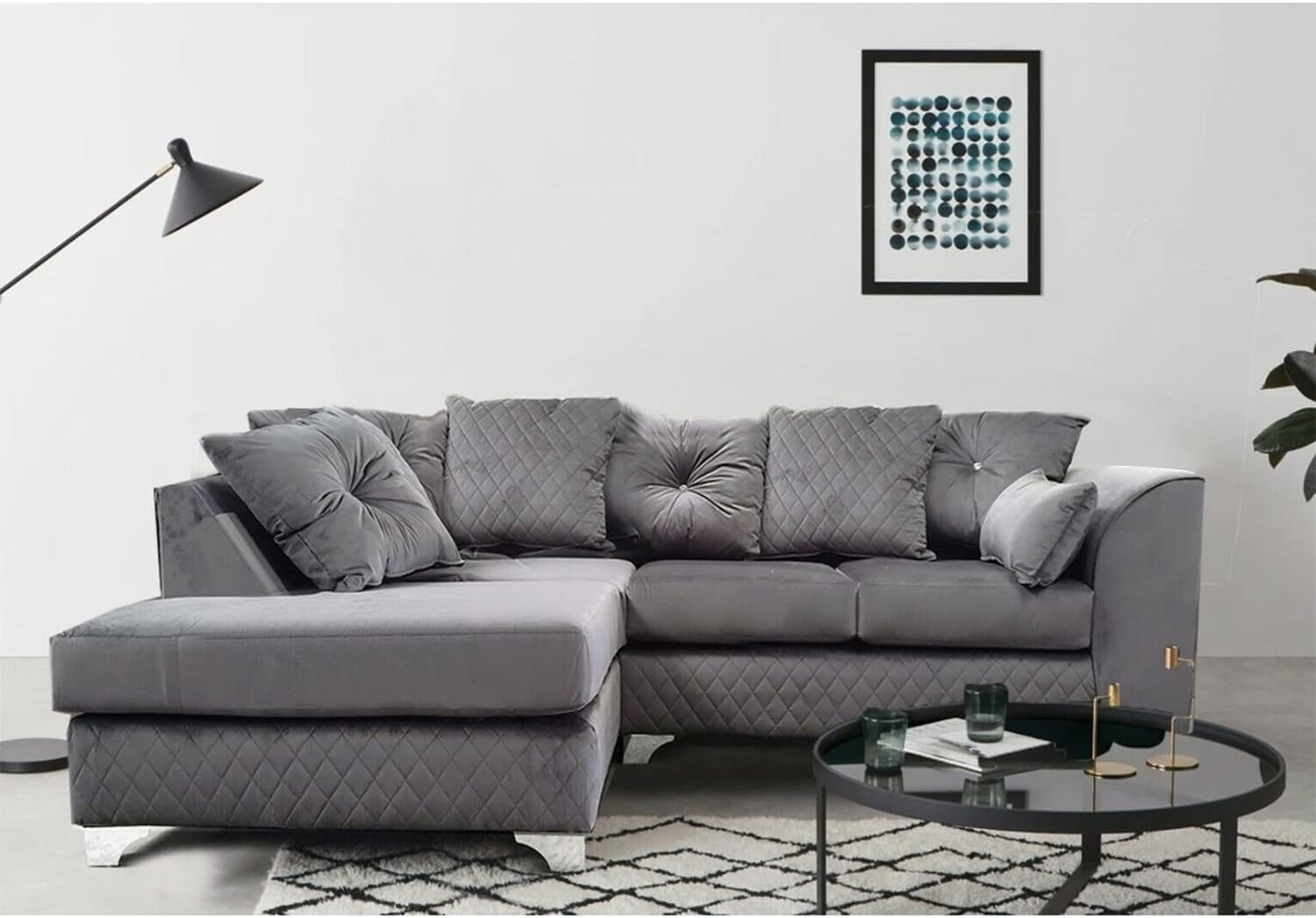 Plush Velvet Grey 4 Seater L-Shape Corner Sofa Left Hand Facing Chrome Feet