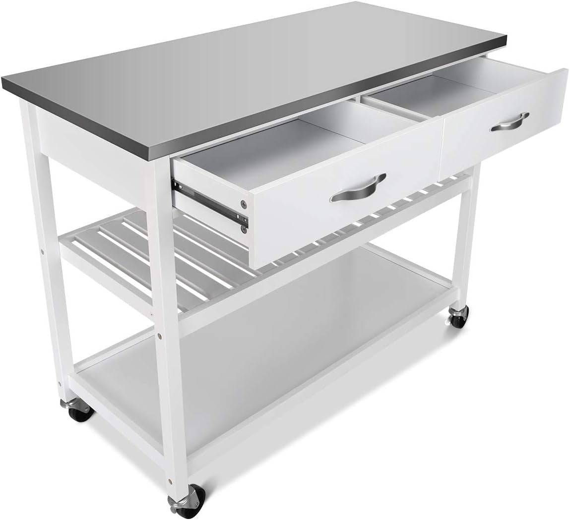 Kitchen Island Trolley on Wheels Stainless Steel Worktop Storage Cart