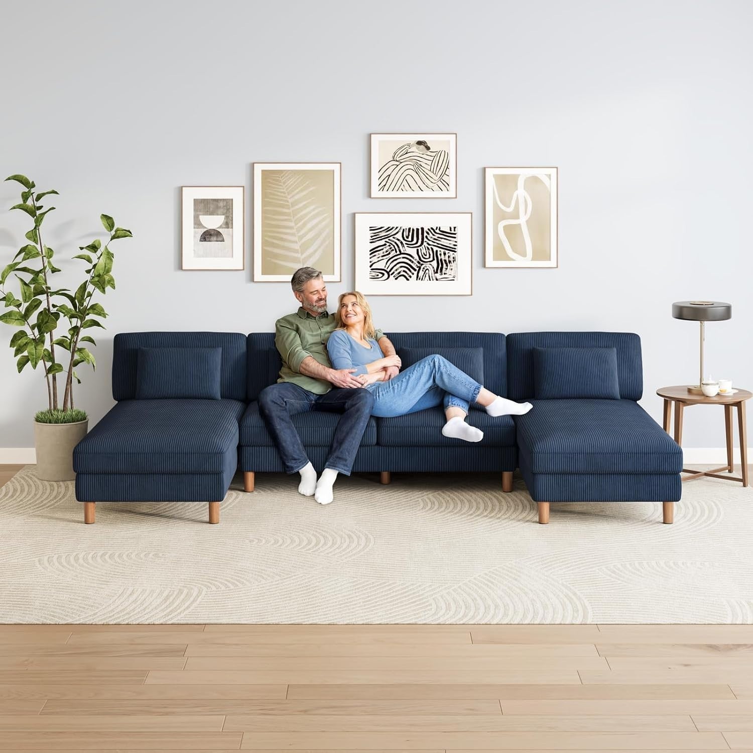 5 Seater U-Shaped Sofa Blue Corduroy with Double Chaise & Washable Covers