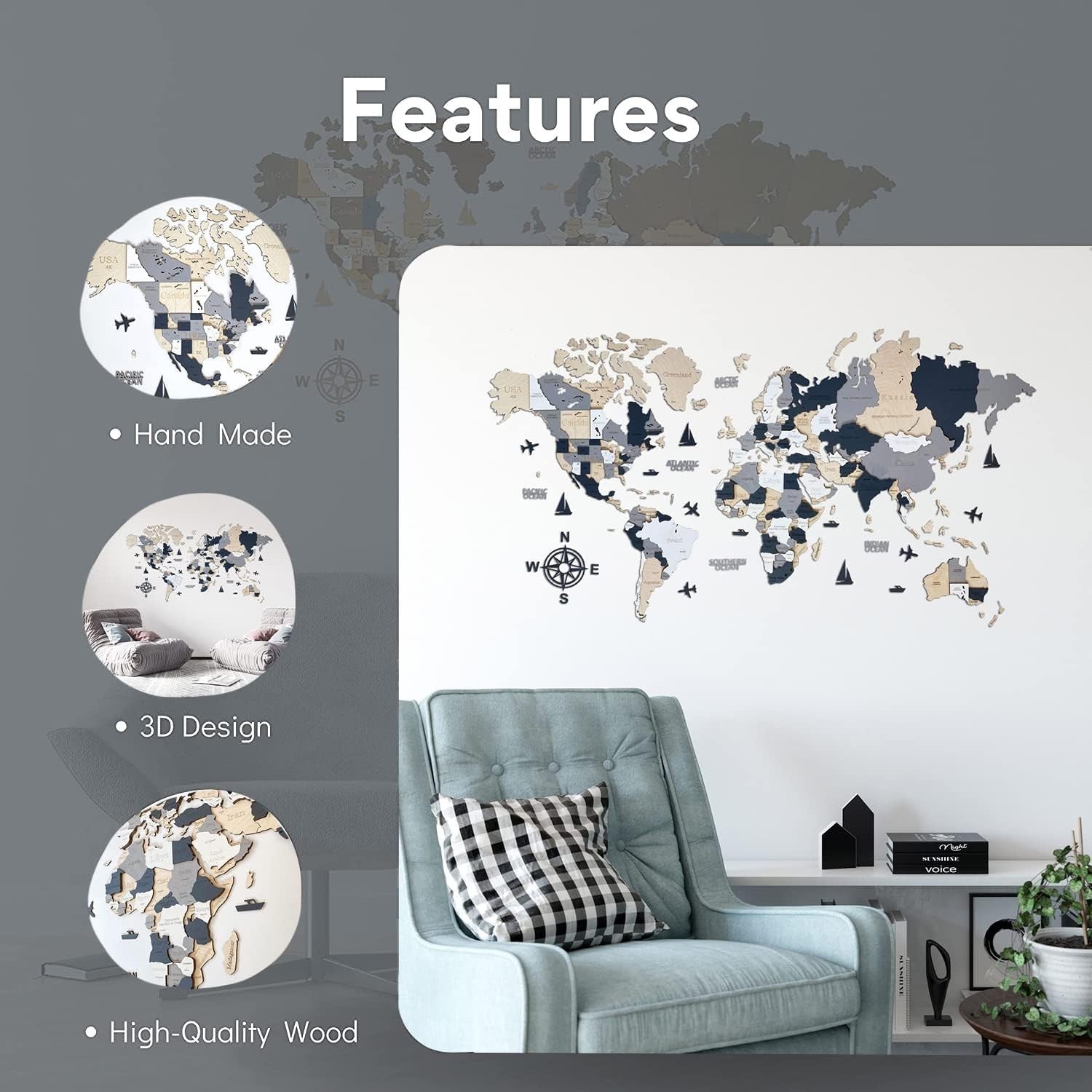 XL 3D Wooden World Map Wall Art Alaska Decor 213x113cm