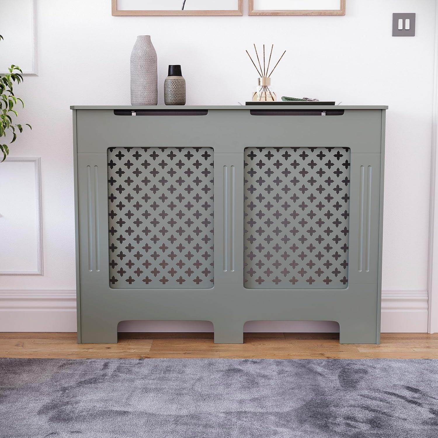 Medium Olive Grey Radiator Cover 82x111x19cm MDF Cross Pattern Modern Cabinet