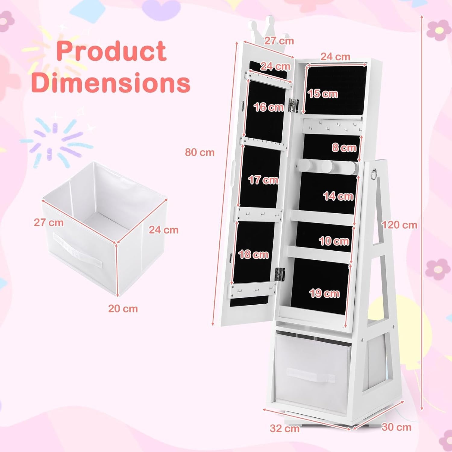 Kids Jewelry Cabinet 360° Swivel Mirror Organizer Girls Dress Up Vanity