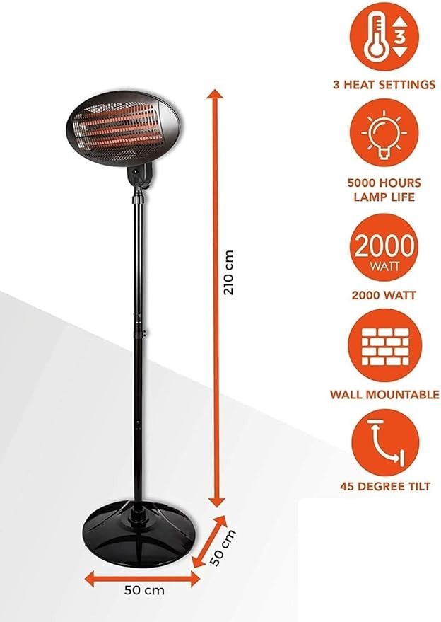 2000W Outdoor Electric Quartz Patio Heater 3 Heat Settings & Safety Shutoff
