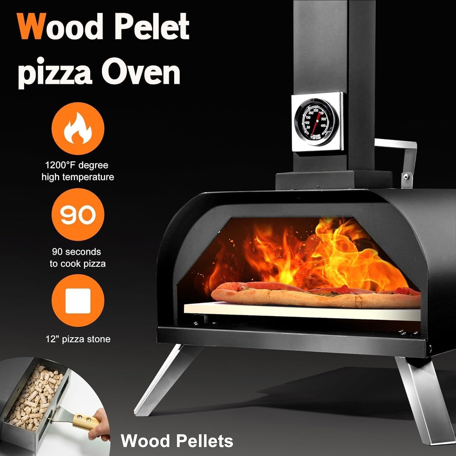 12" Outdoor Wood Fired Pizza Oven | Portable Pellet BBQ Grill w/ Peel & Cover