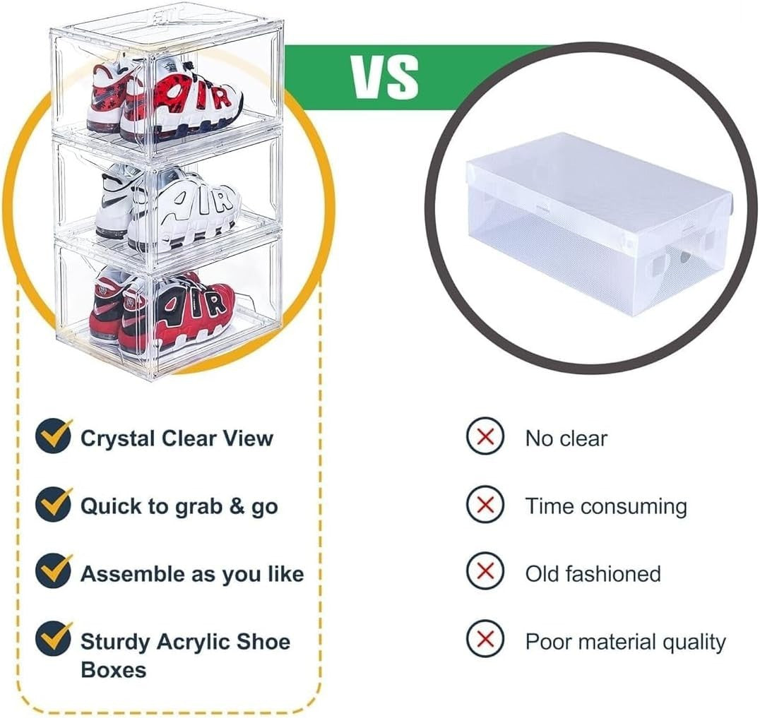 Clear Stackable Shoe Storage Boxes with Magnetic Doors – 8 Pack Organizer