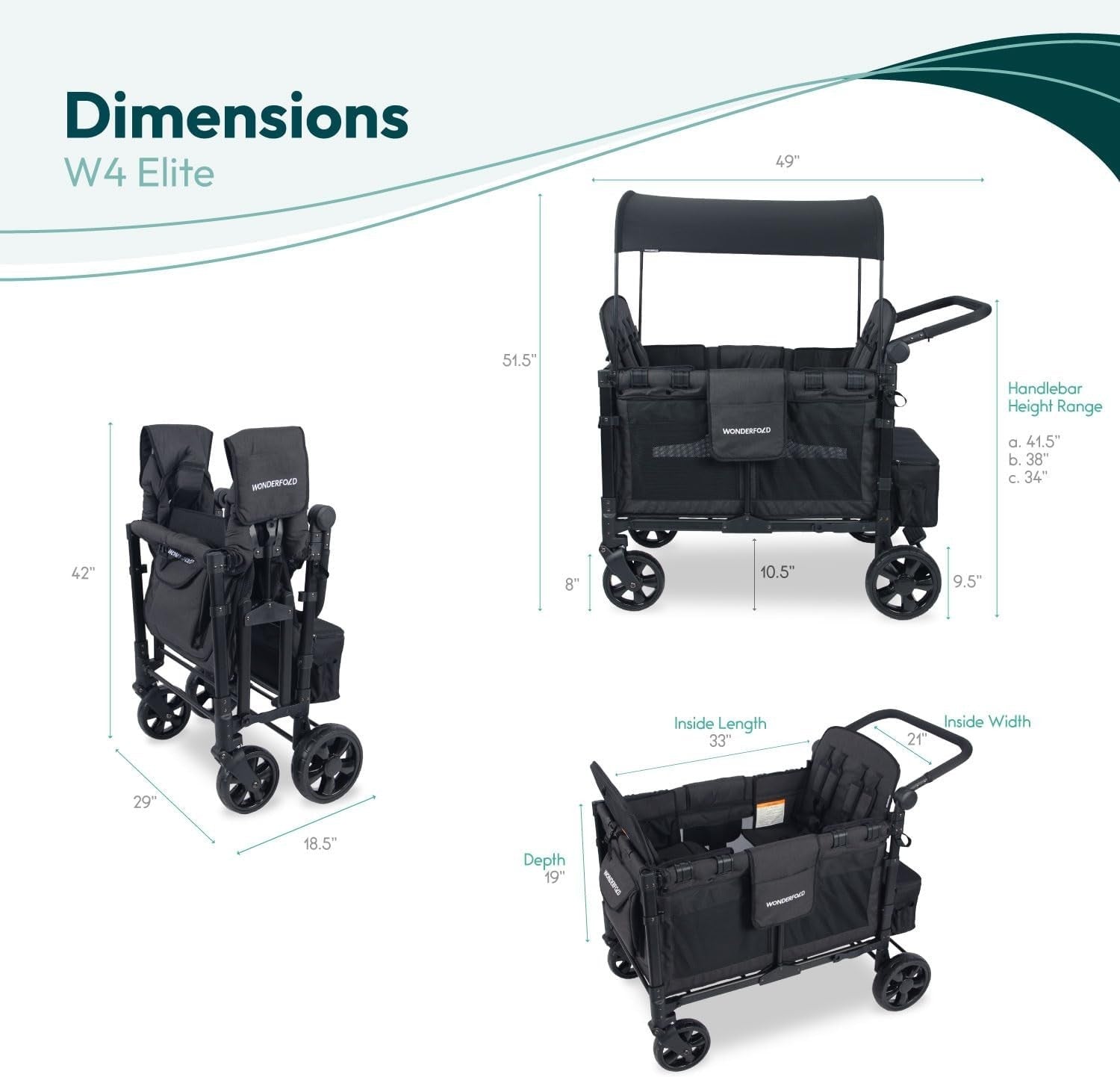 4-Seater Folding Stroller Wagon Volcanic Black w/ Canopy All-Terrain Wheels